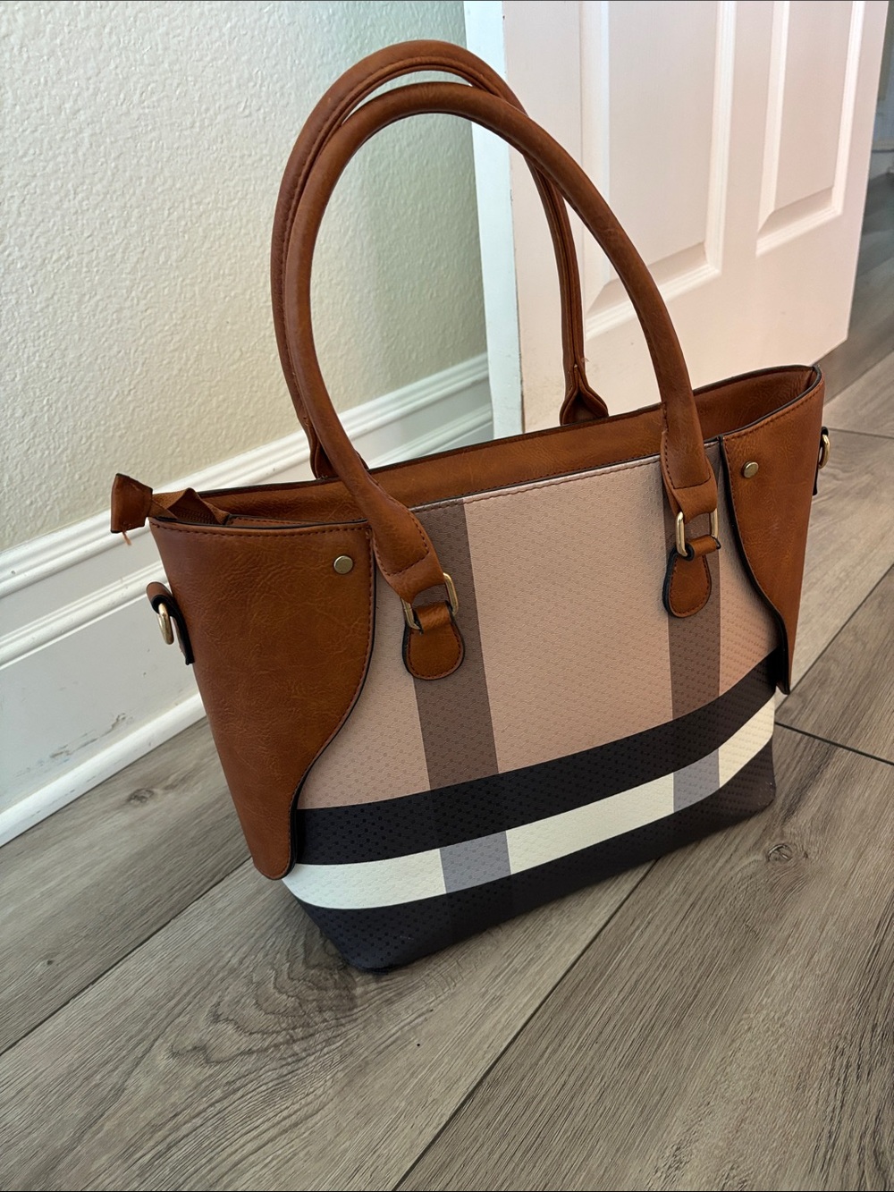 Women’s Brown Plaid Tote with Tan Leather Handles